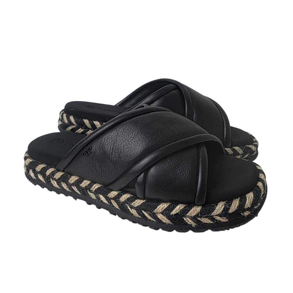 Tory Burch Cross Band Espadrille  Slide Leather Sandals SZ 5 Black &‎ Cream